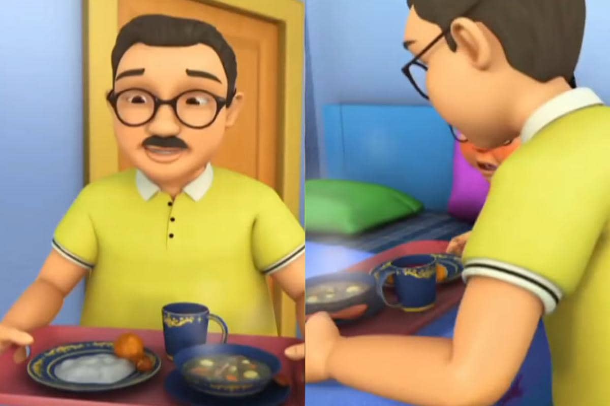 Ayah Ehsan menghidangkan makanan untuk anaknya yang sedang sakit flu