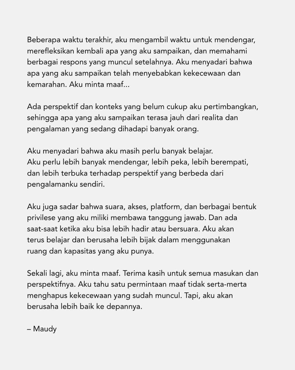 Unggahan Instagram Maudy Ayunda berisi pernyataan permintaan maaf yang dibagikan kepada para pengikutnya.