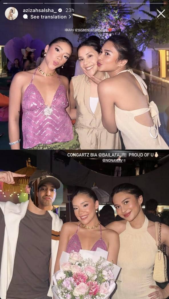 Seorang artis berpose saat menghadiri peluncuran album Island Girl milik no na, dari unggahan Instagram azizahsalsha_.
