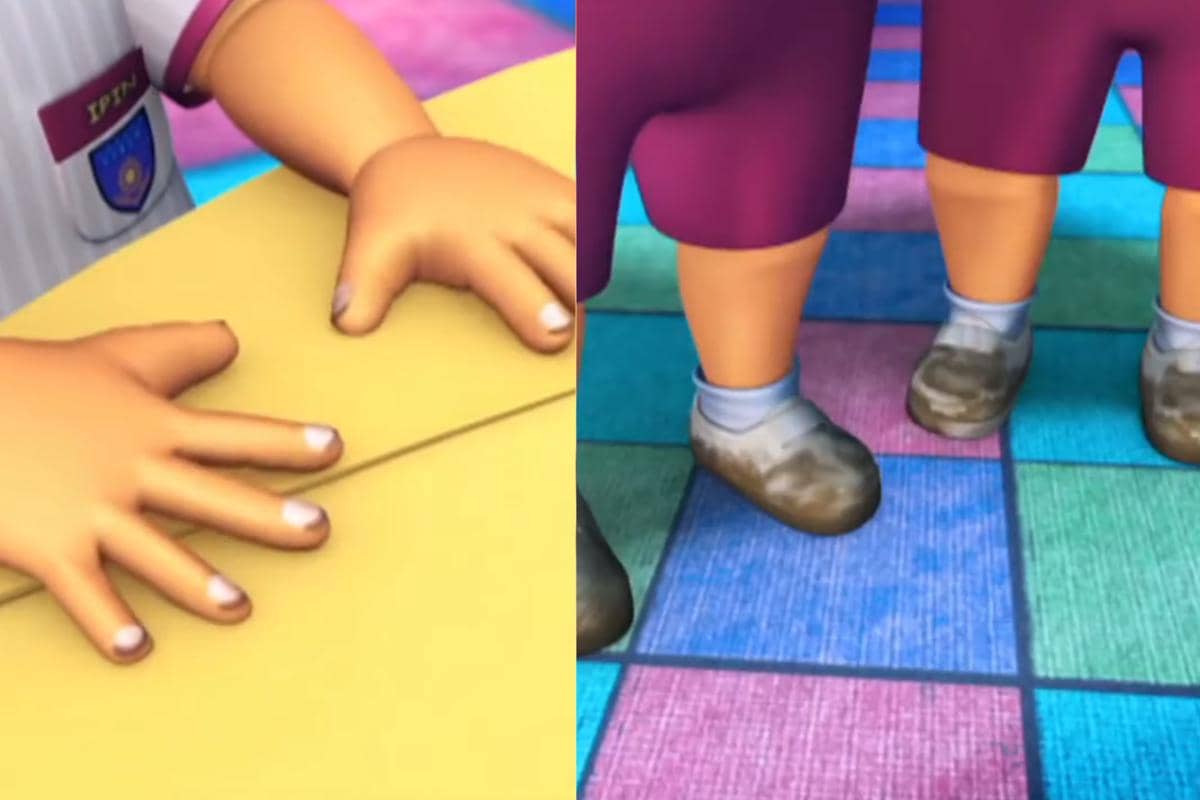 Upin dan Ipin teledor karena mengabaikan kebersihan kuku tangan dan sepatu sekolah mereka