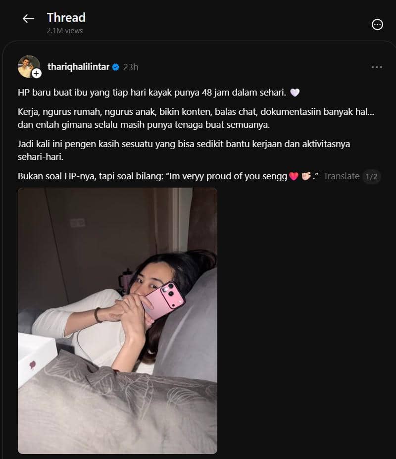 Tangkapan unggahan Threads Thariq Halilintar yang menyebut artis tersebut sudah memiliki iPhone 18.