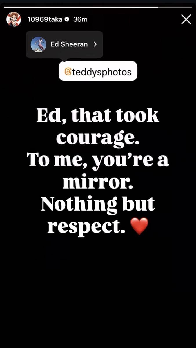 Taka, vokalis ONE OK ROCK, menyampaikan dukungan untuk penyanyi Ed Sheeran melalui unggahan Instagram.