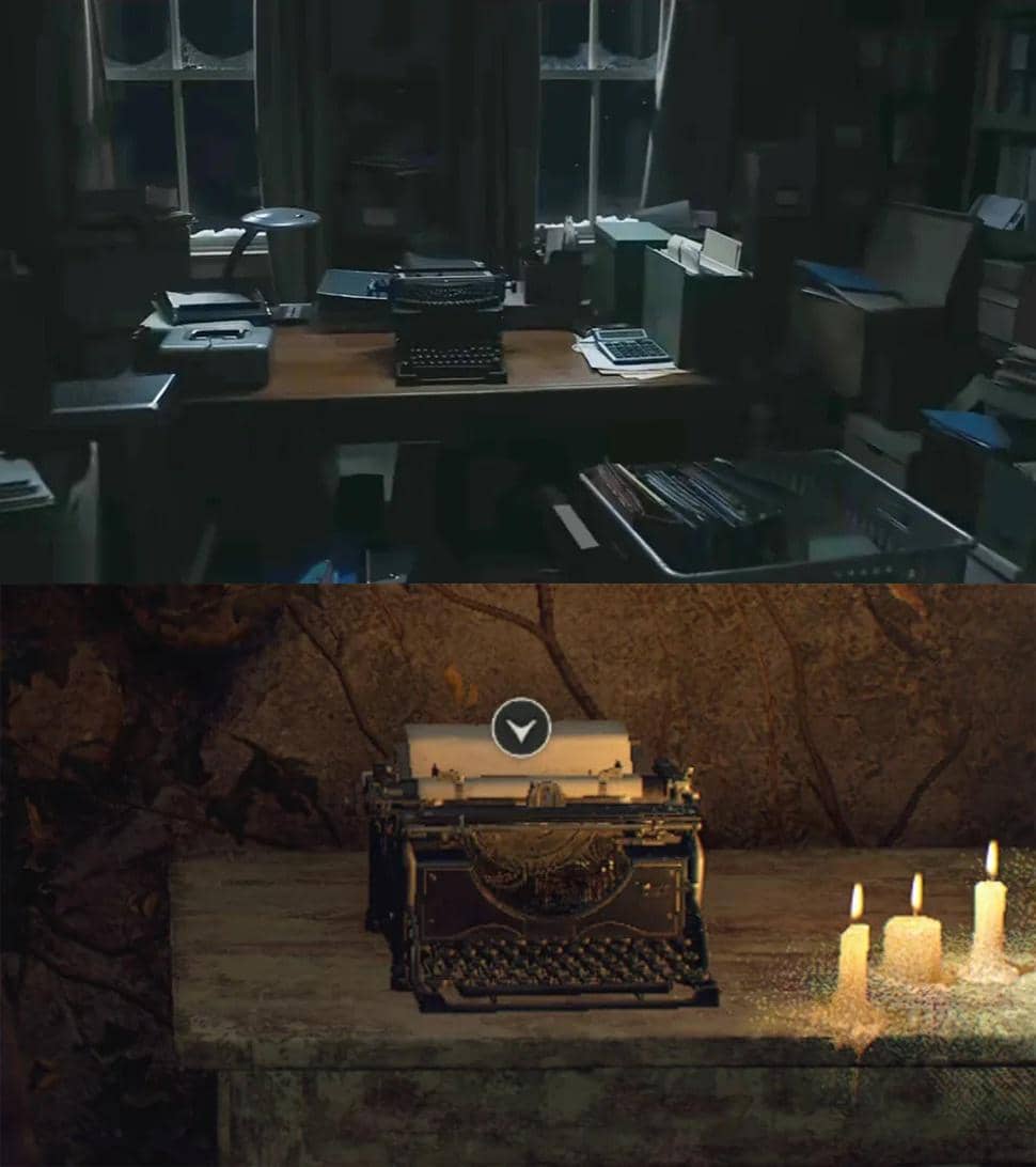 Perbandingan mesin tik pada film Resident Evil produksi Sony Pictures dan game Resident Evil dari Capcom.
