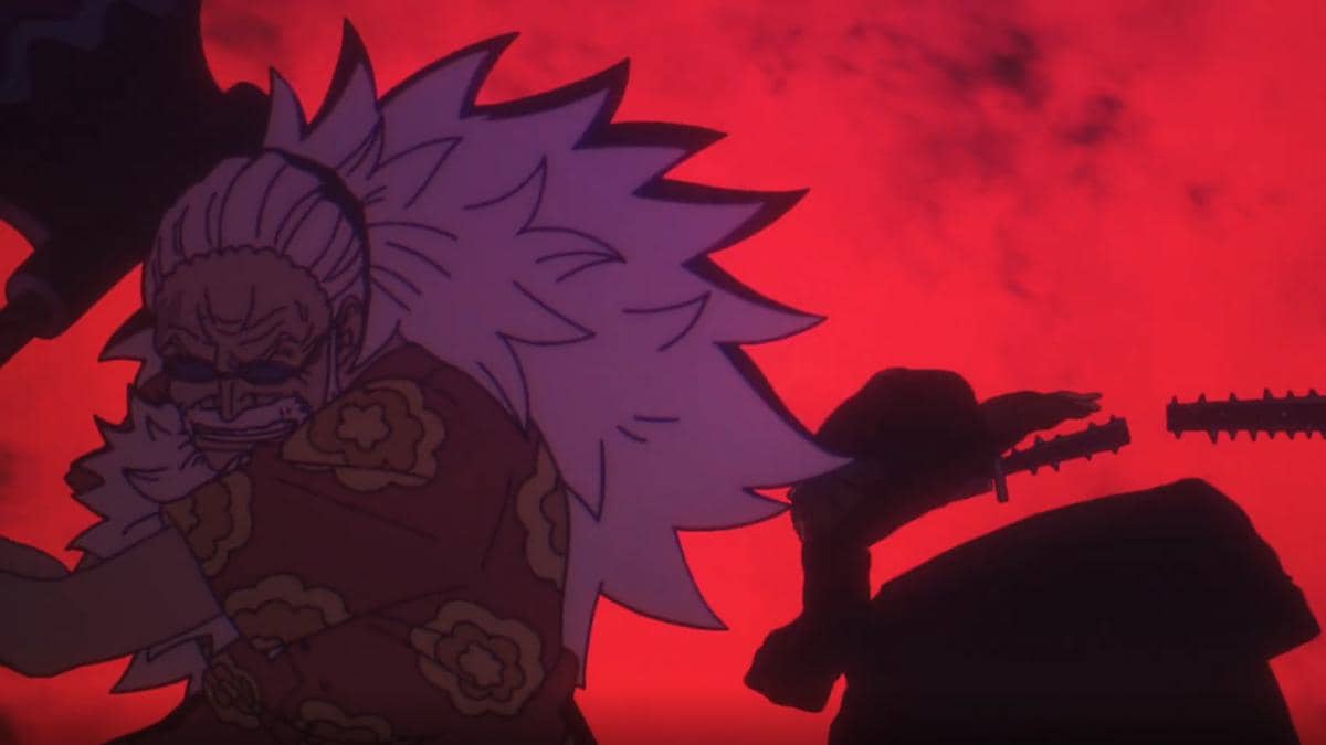 Gaban mengayunkan serangan hingga memotong Sommers dalam adegan anime One Piece produksi Toei Animation.
