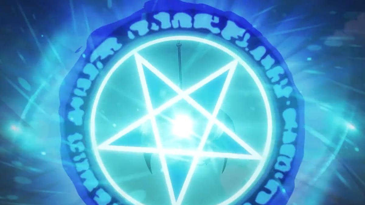Lingkaran Abyss bercahaya buatan Imu dalam anime One Piece, memancarkan nuansa gelap dan misterius.