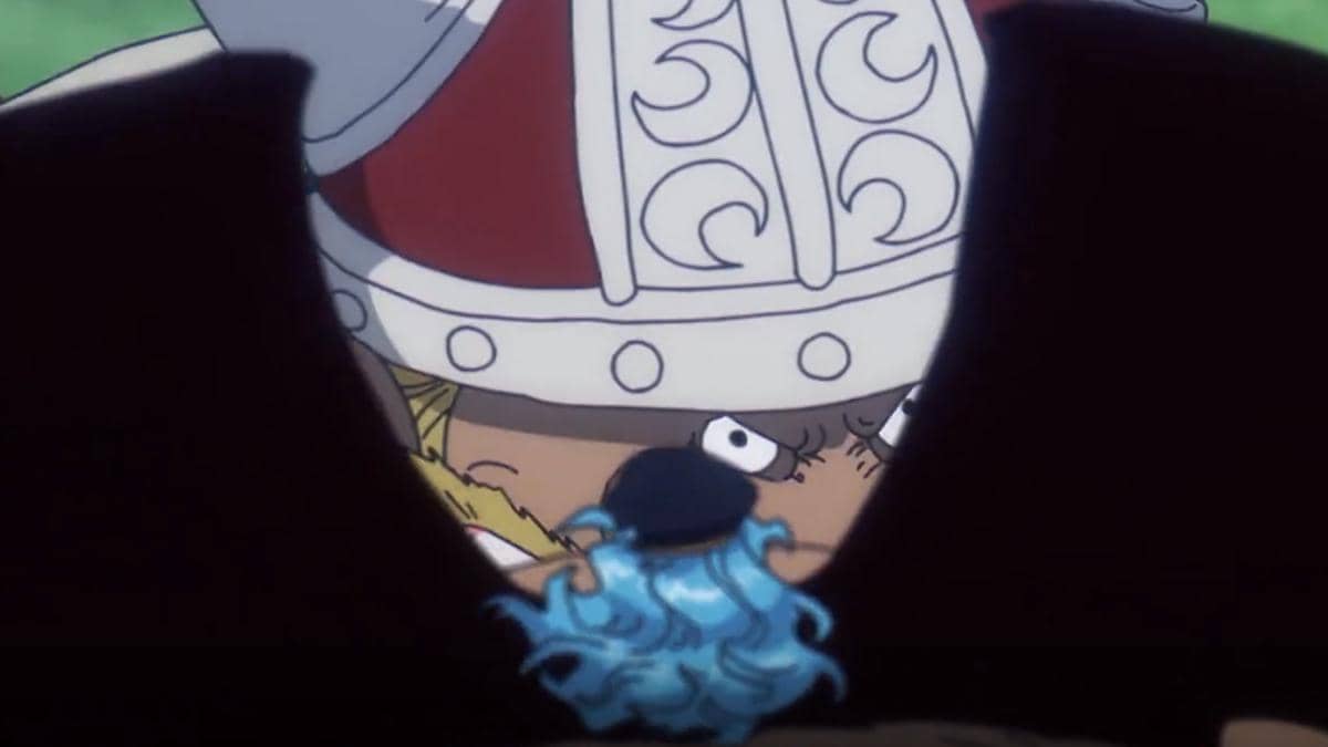 Brogy, raksasa dari One Piece, menangkap Imu dengan tangan besar dalam adegan cerita anime tersebut.