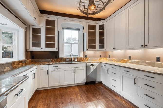 ilustrasi dapur dengan lantai medium tone wood