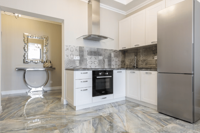ilustrasi dapur dengan lantai natural stone tile