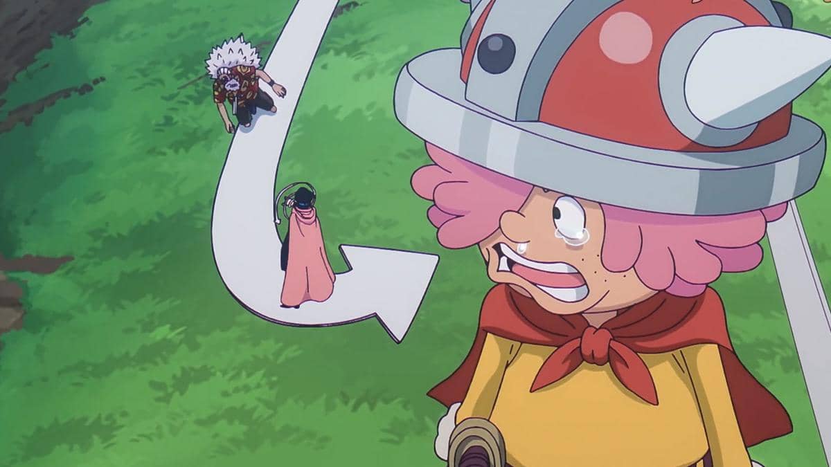 Gaban tampak tumbang setelah terkena panah Gunko dalam adegan anime One Piece produksi Toei Animation.