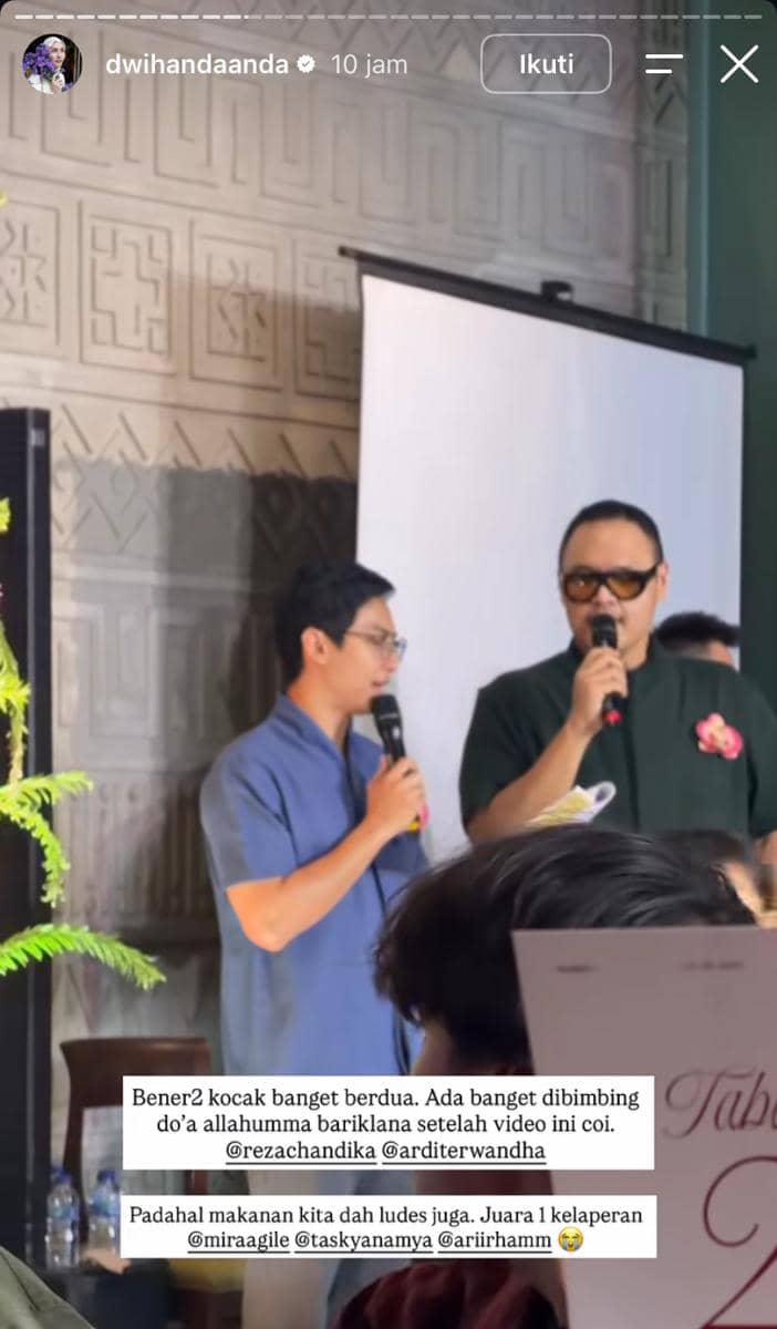 Seorang artis berpose dalam potret pada acara pernikahan Mario dan Lukita, dibagikan akun Instagram dwihandaanda.