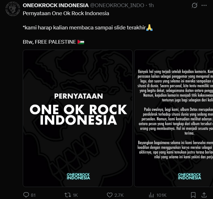 Tangkapan layar dari akun X Fanbase ONE OK ROCK Indonesia, @ONEOKROCK_INDO, yang dibagikan melalui x.com.
