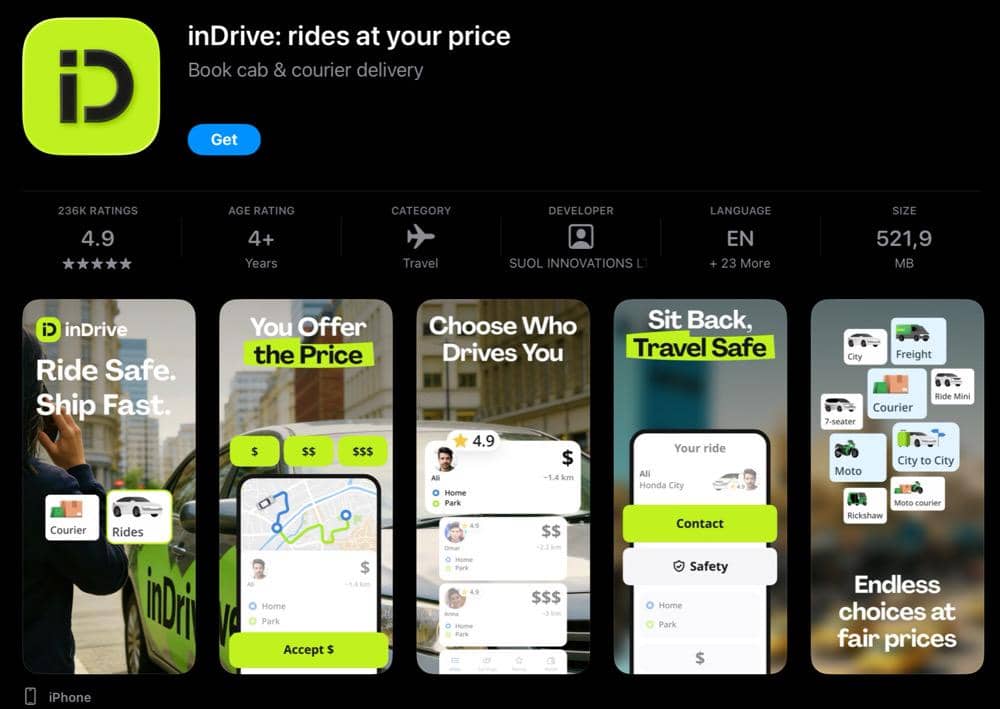 potret tampilan aplikasi inDrive di AppStore