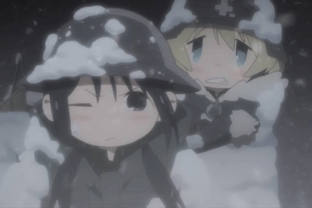 Karakter Chito dan Yuuri dalam salah satu adegan anime Girls' Last Tour