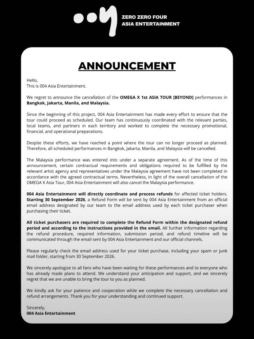 Tangkapan layar pernyataan resmi 004 Asia Entertainment yang diunggah melalui akun X mereka secara daring.