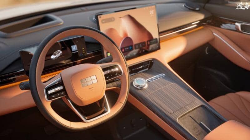 Bocoran interior Geely EX5 memperlihatkan kabin kendaraan dengan desain modern dalam dokumentasi yang beredar.