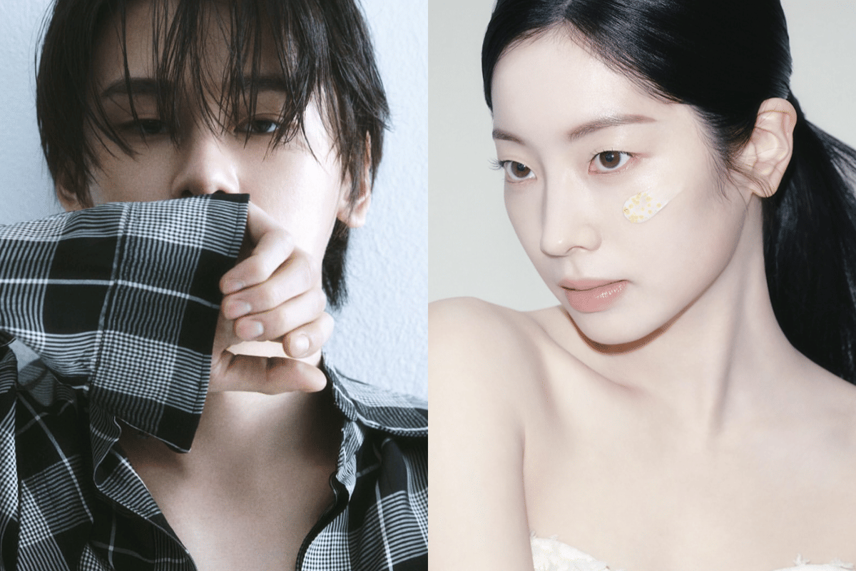 Kolase potret Cha Woo Min dan Dahyun TWICE dalam unggahan Instagram masing-masing dengan latar sederhana.