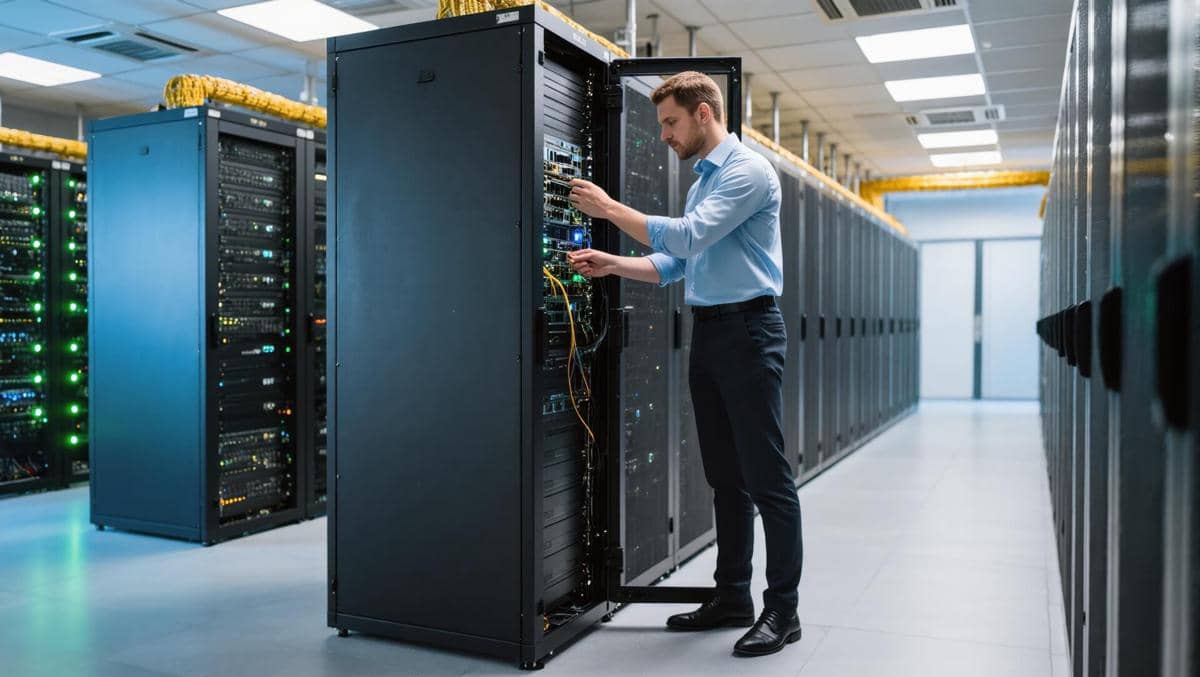 ilustrasi data center, pusat data AI, teknologi, teknisi
