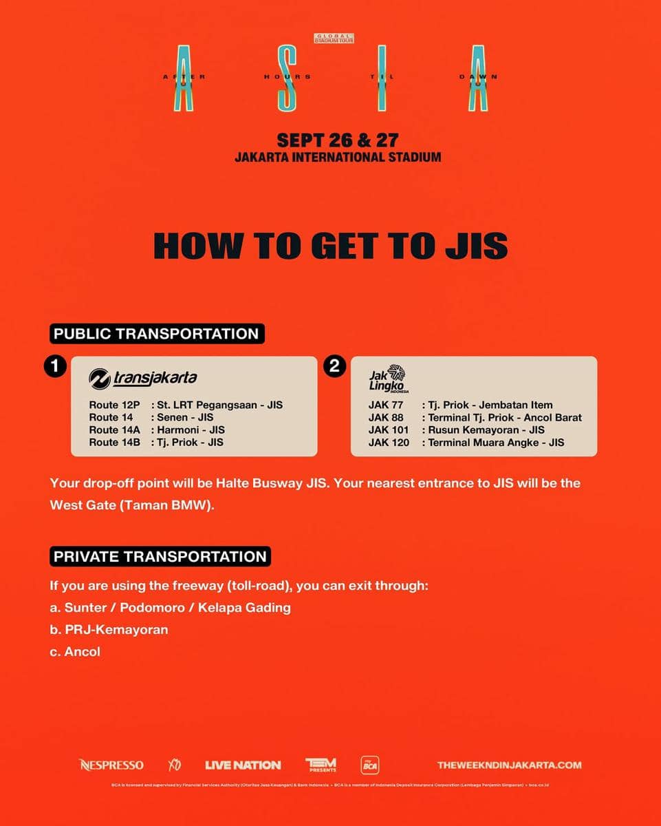 Panduan venue dan akses konser The Weeknd di Jakarta yang dibagikan melalui akun Instagram resmi TEMGMT.