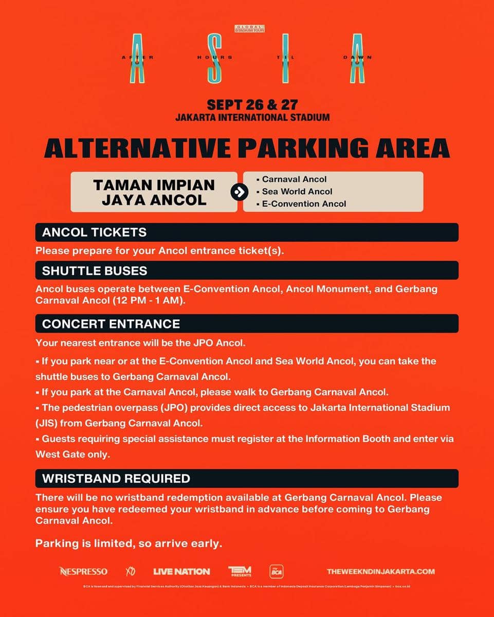 Poster Instagram berisi panduan venue dan akses menuju konser The Weeknd di Jakarta menjelang pertunjukan.