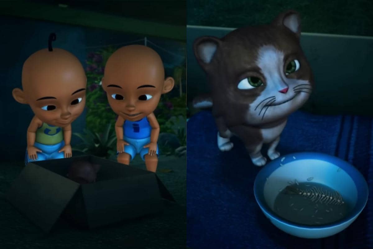 Upin dan Ipin tampak telaten memberi anak kucing mereka makanan yang sesuai dengan seleranya