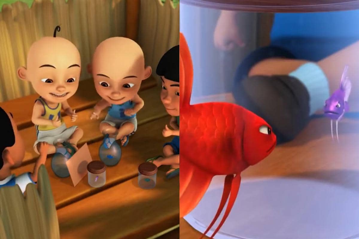 Upin dan kawan-kawan mencoba saling mengadu ikan cupang mereka