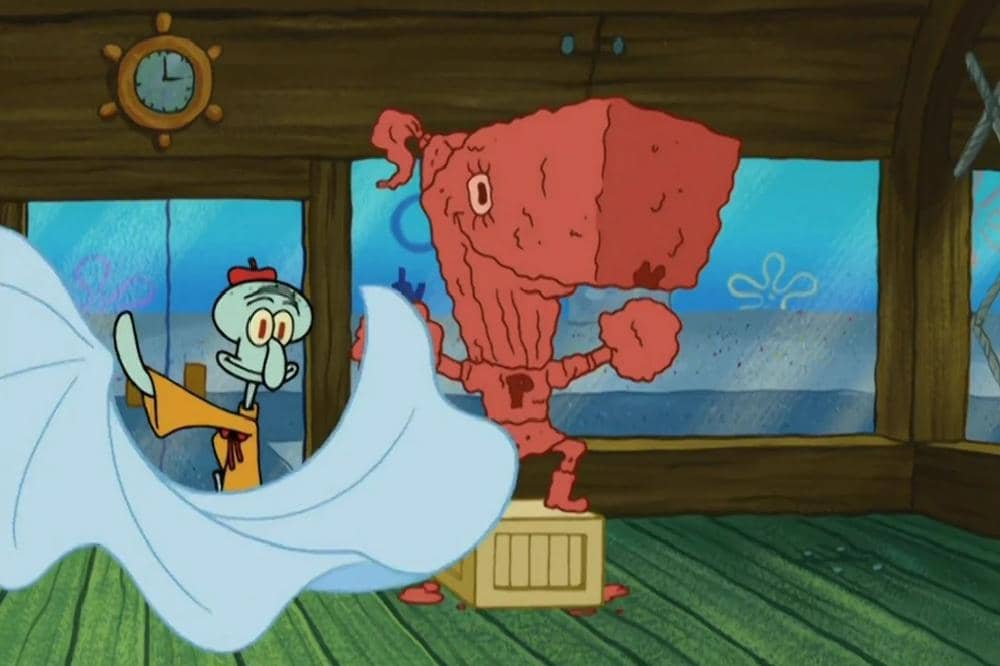 Squidward memamerkan mahakarya patung Pearl buatannya yang ia rakit sepenuhnya menggunakan patty