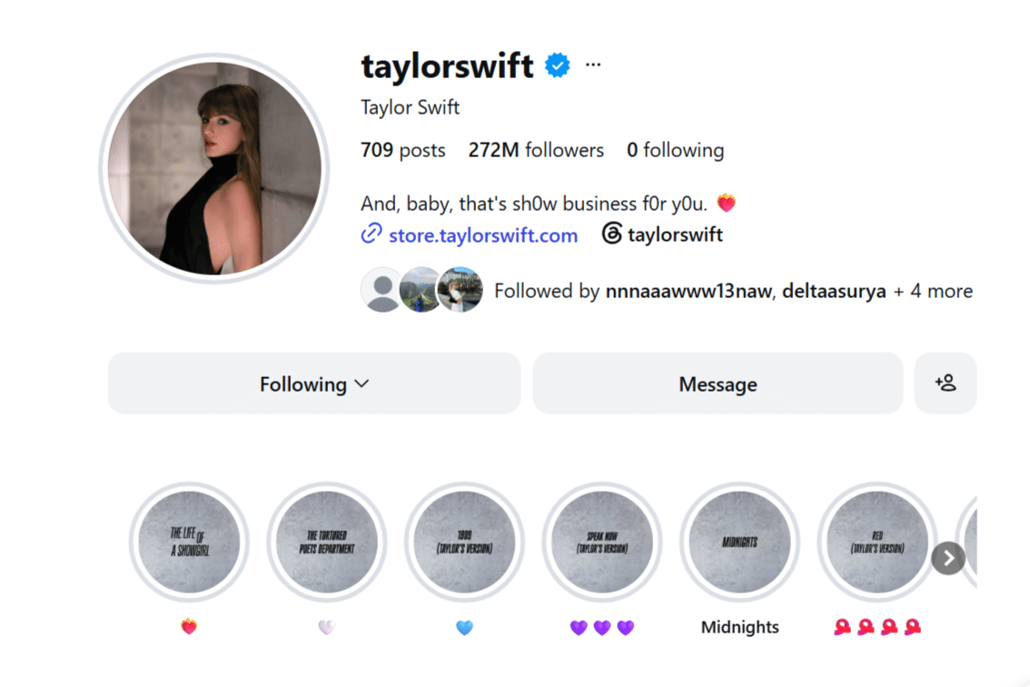 Bio Instagram Taylor Swift yang mengganti 3 huruf "O" menjadi 3 angka "0"