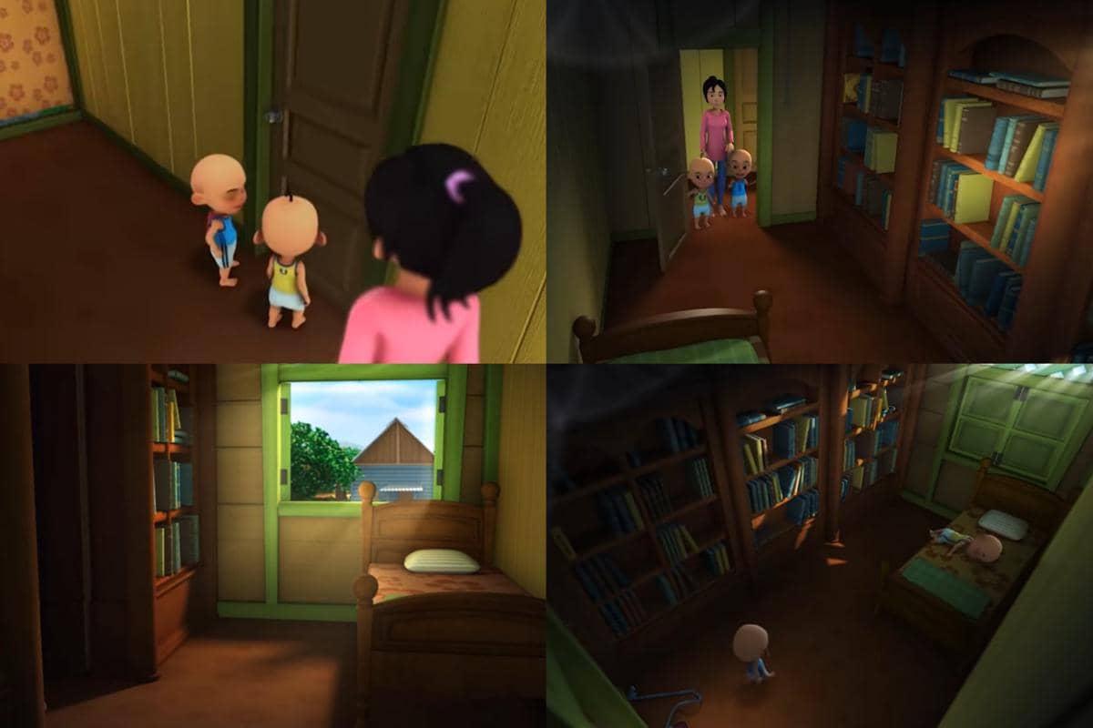 bagian luar dan dalam kamar rahasia di rumah Upin dan Ipin