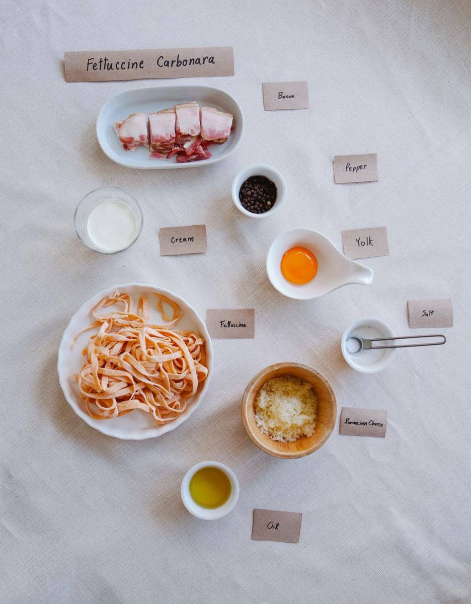 ilustrasi bahan membuat spaghetti carbonara simpel