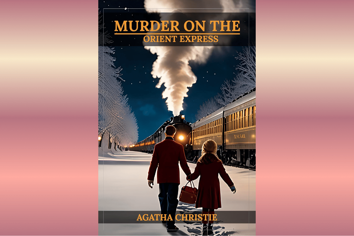 Sampul novel Murder on the Orient Express karya Agatha Christie dengan ilustrasi kereta api di malam hari.