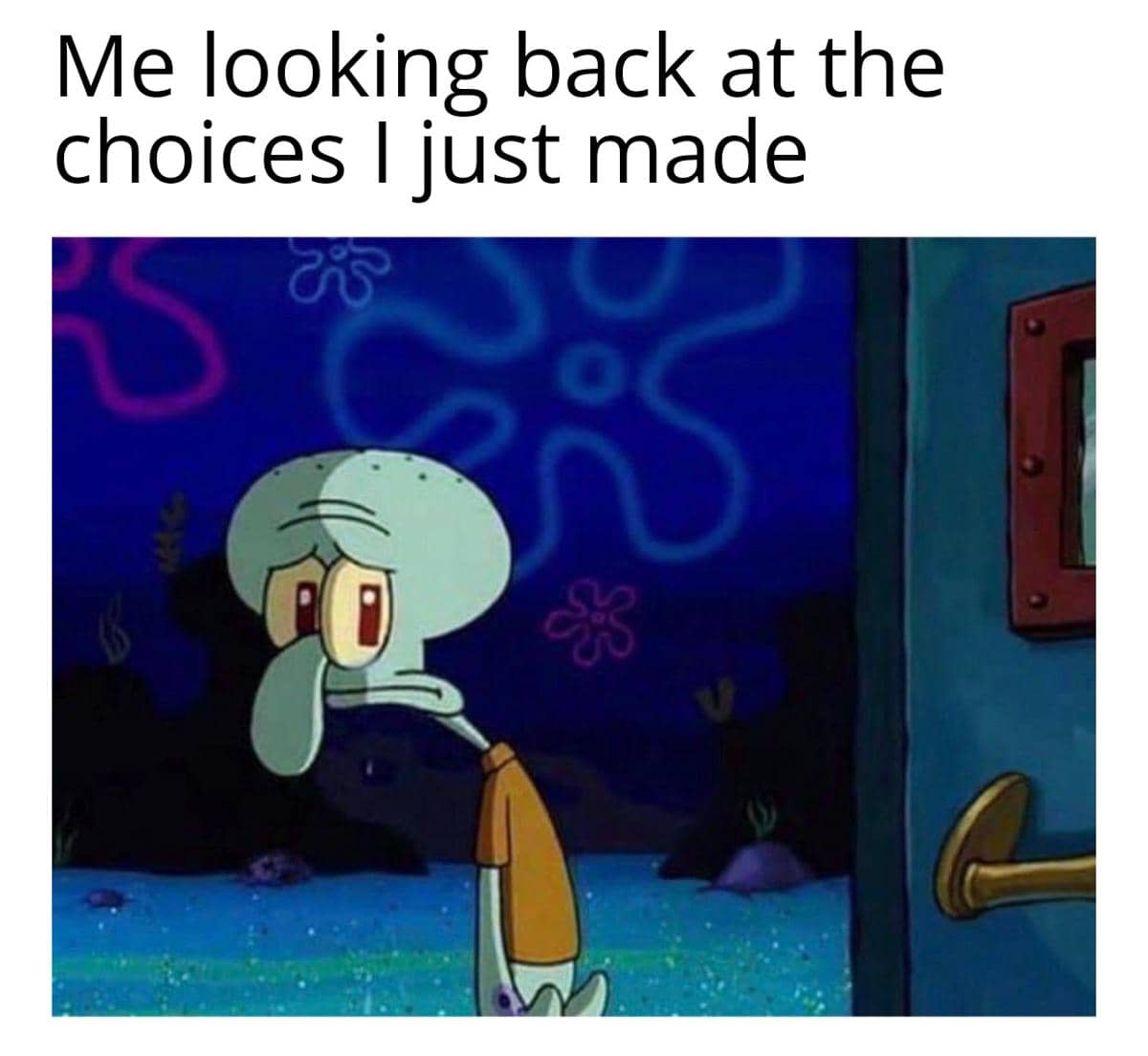 Meme SpongeBob dengan ekspresi rasa bersalah yang menggambarkan perasaan menyesal setelah melakukan sesuatu.