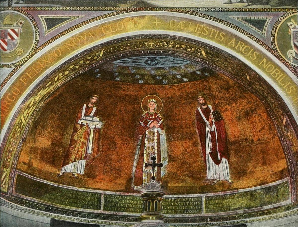 potret mozaik bergaya Byzantium dari abad ke-7 M di bagian apse basilika