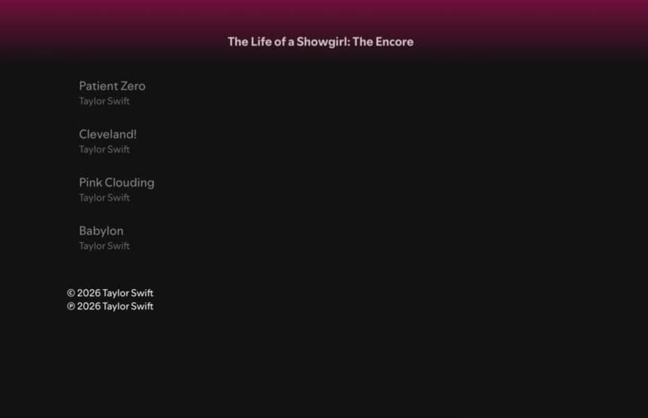Tampilan Spotify untuk The Life of a Showgirl: The Encore yang mencantumkan empat lagu tambahan dalam daftar putar album.