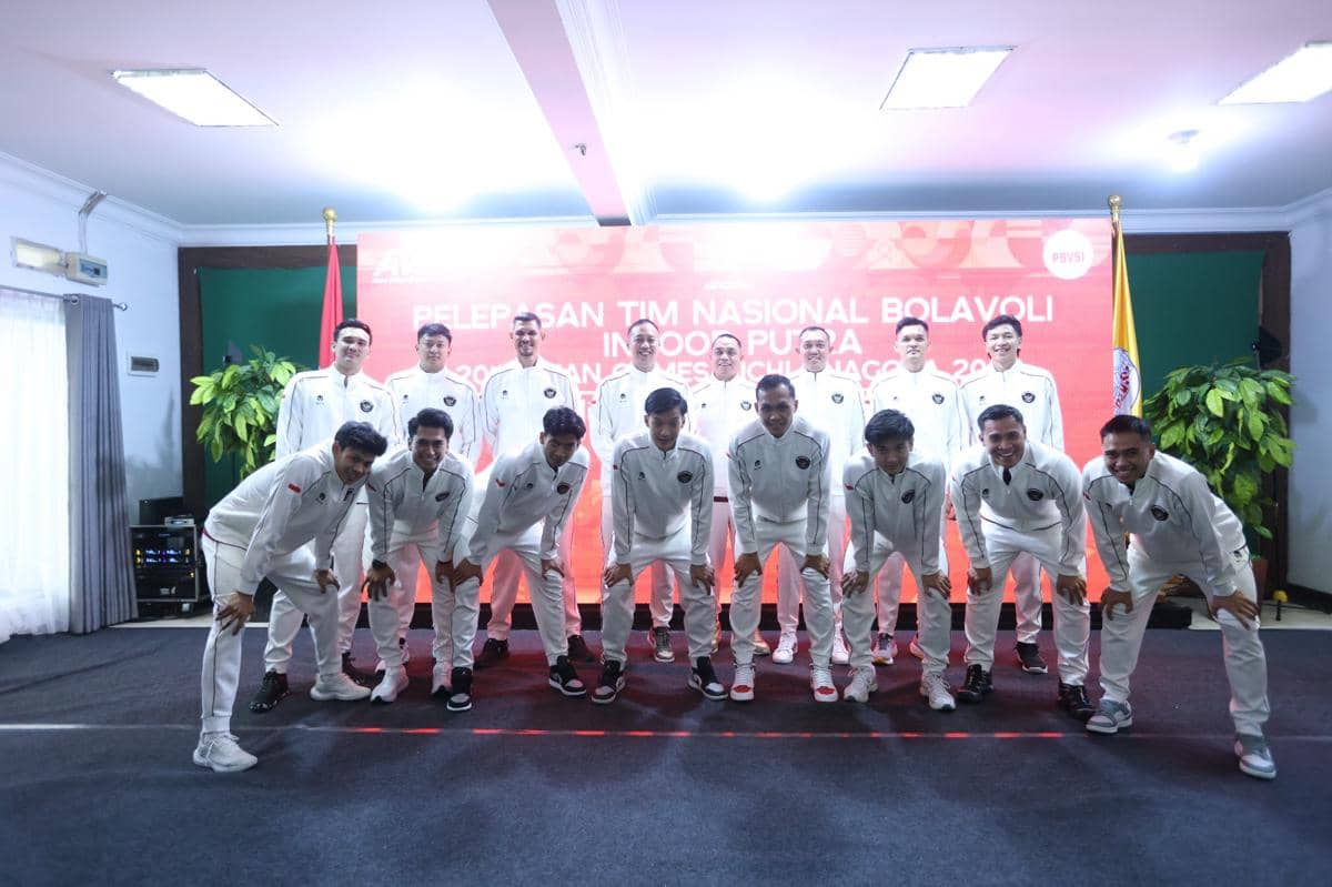 Para anggota Timnas Voli Putra Indonesia mengikuti acara pelepasan sebelum keberangkatan ke Asian Games 2026.