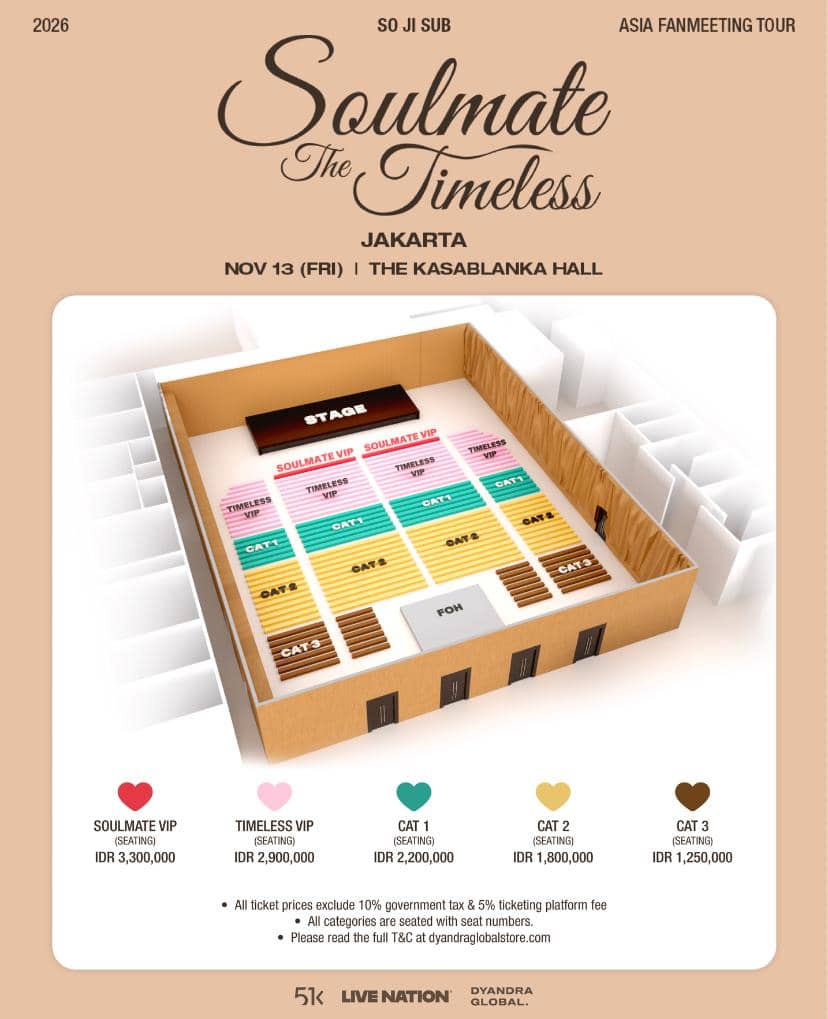 So Ji Sub tampil di panggung saat fan meeting Soulmate The Timeless bersama penggemar di Jakarta pada 2026.