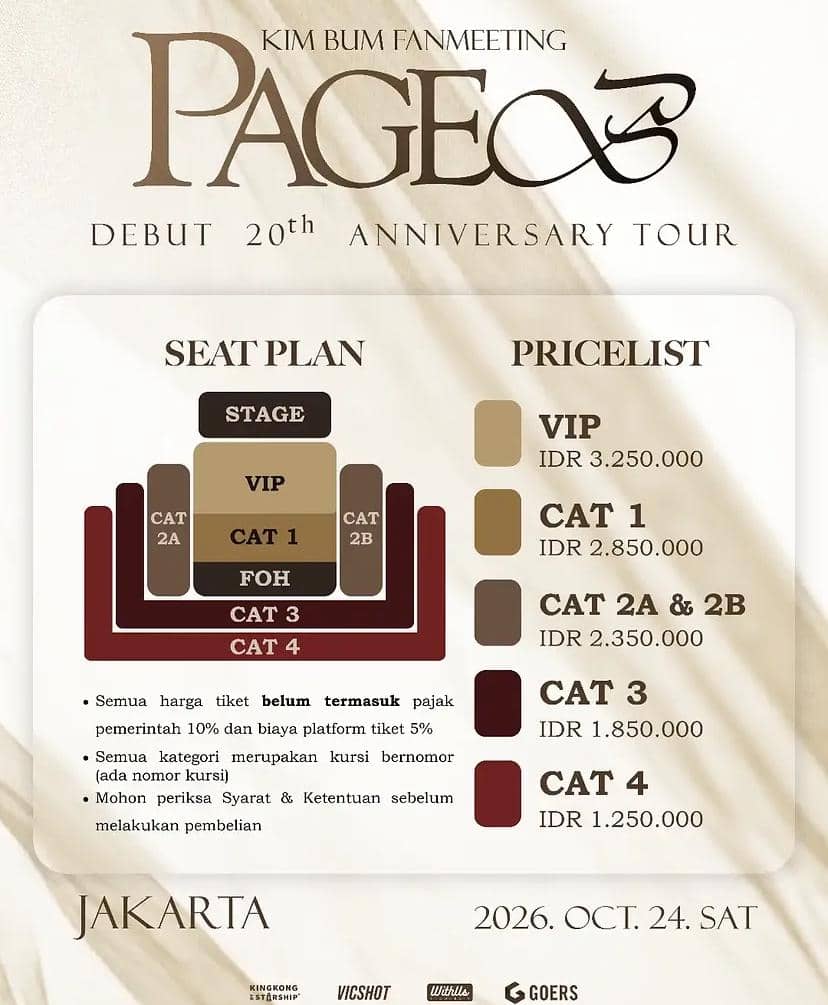 Poster daftar harga tiket fan meeting Kim Bum di Jakarta 2026 dari akun Instagram With Us Indonesia resmi.