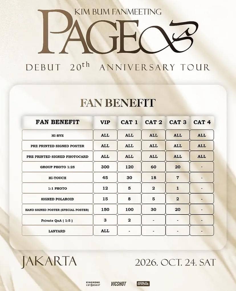 Poster informasi resmi harga tiket fan meeting Kim Bum di Jakarta pada 2026 dari akun Instagram With Us Indonesia.