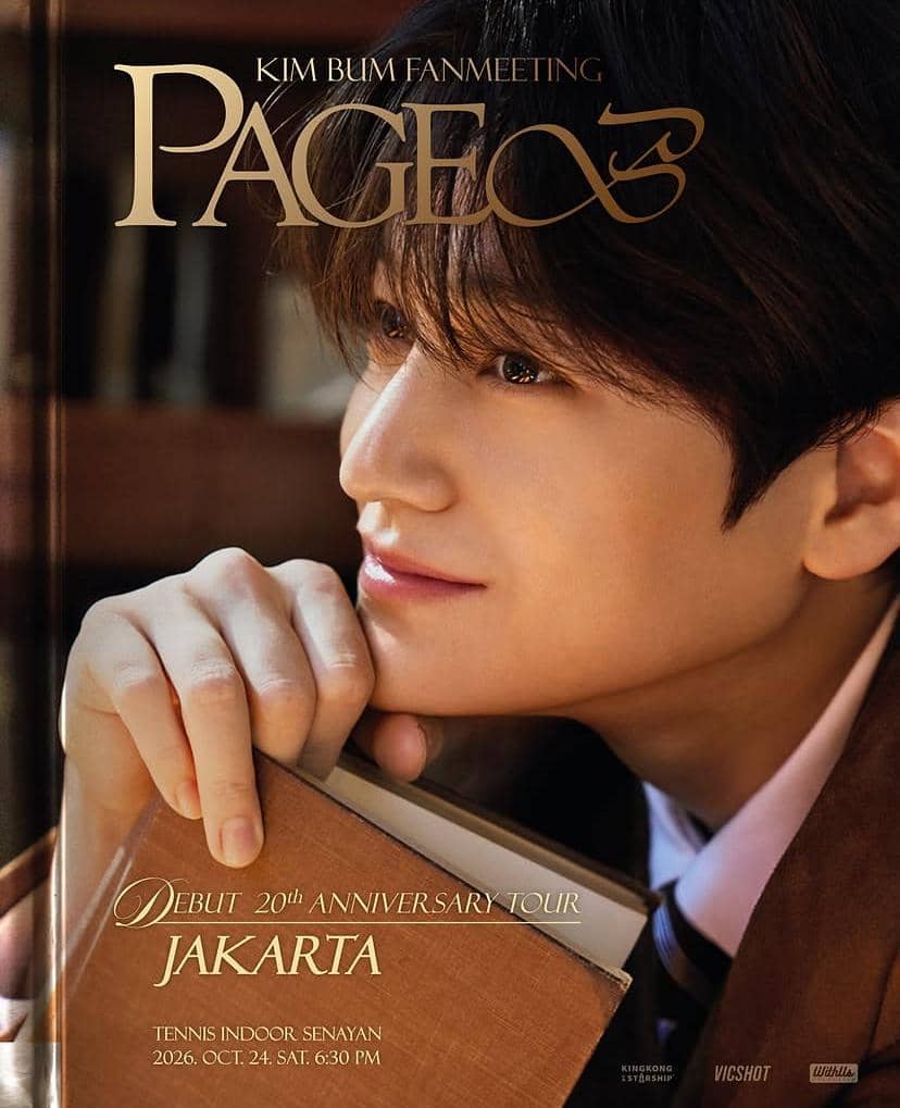 Poster harga tiket fan meeting Kim Bum di Jakarta 2026 dengan daftar kategori dan harga tiket dalam rupiah.