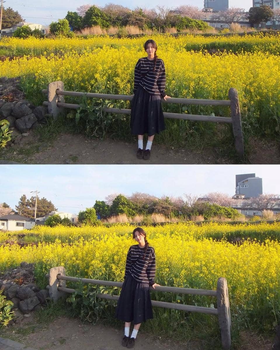 Inspirasi gaya mix and match rok hitam ala Shin Eun Soo dalam unggahan di akun Instagram @su1023_.