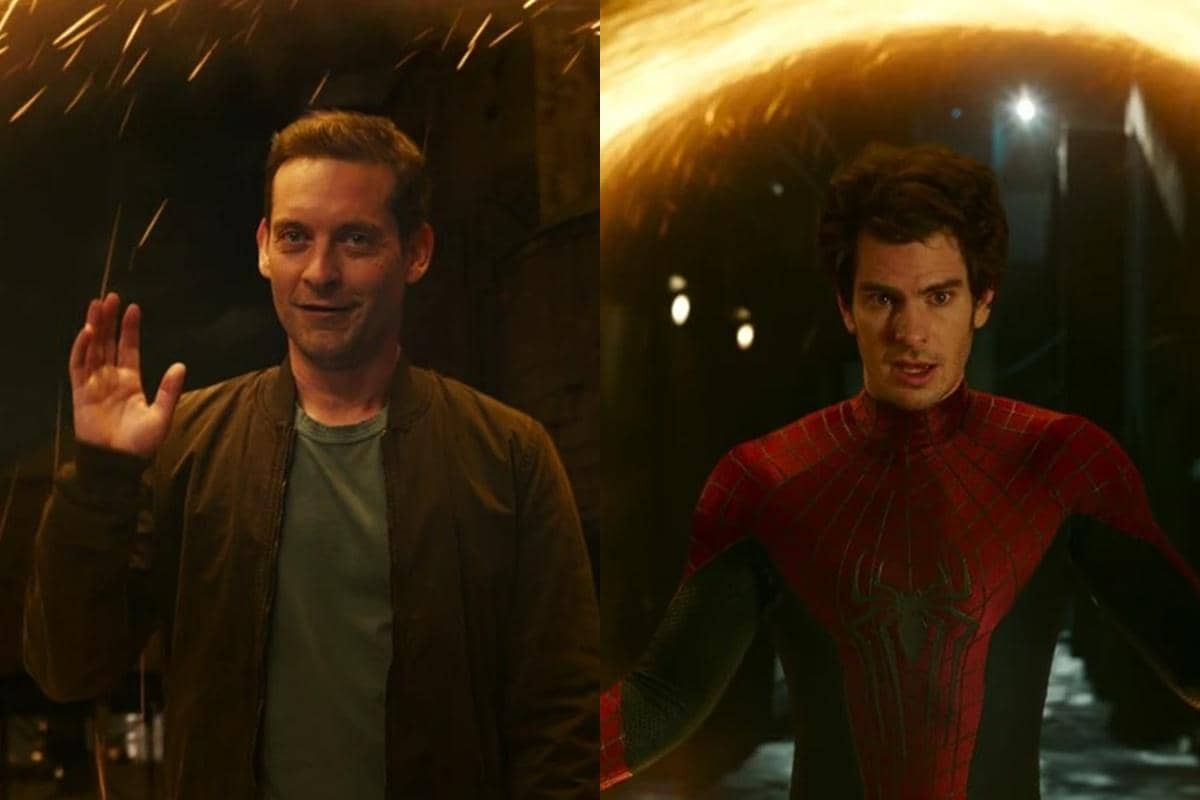 Tobey Maguire dan Andrew Garfield sebagai Peter Parker dalam adegan film Spider-Man: No Way Home produksi Marvel Studios.