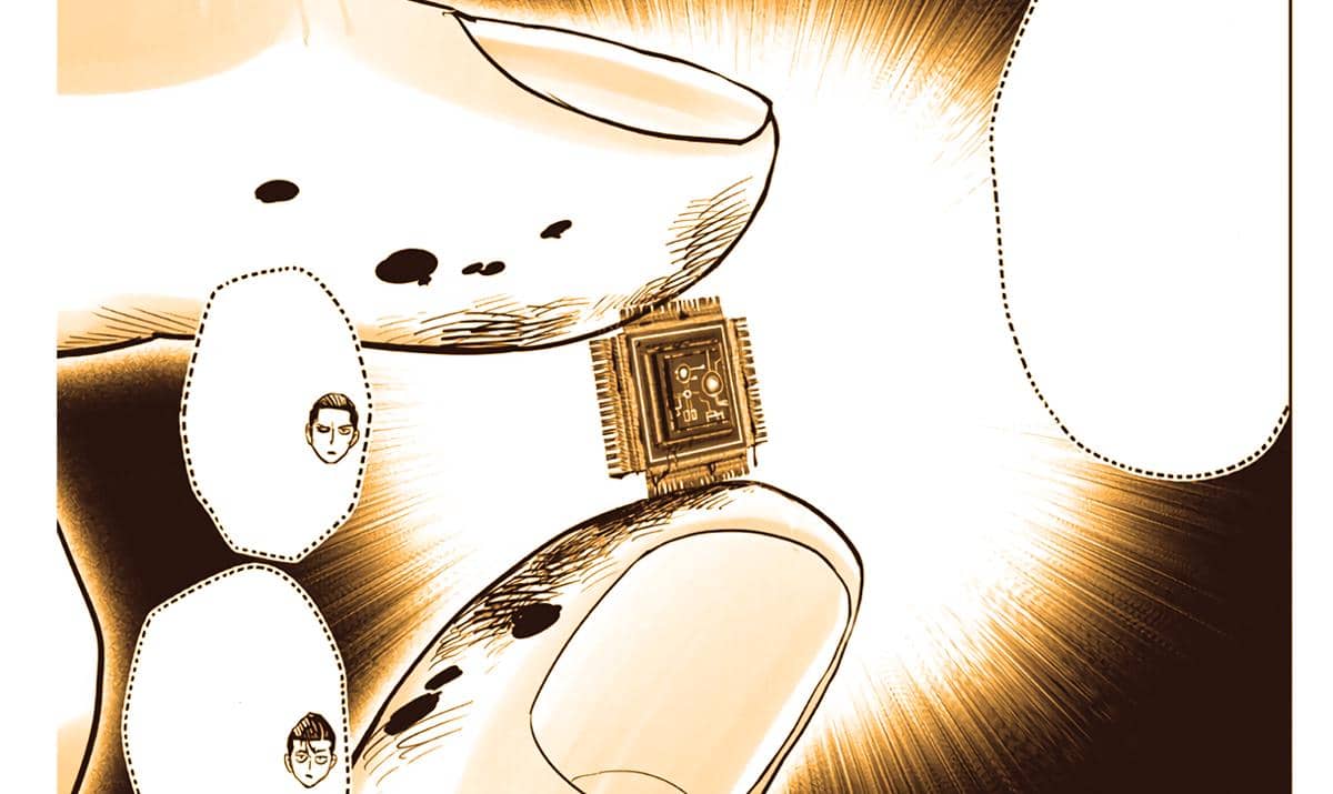 Chip kecil yang ditemukan oleh Child Emperor dalam serial One Punch Man, dengan bentuk dan rincian yang terlihat jelas.