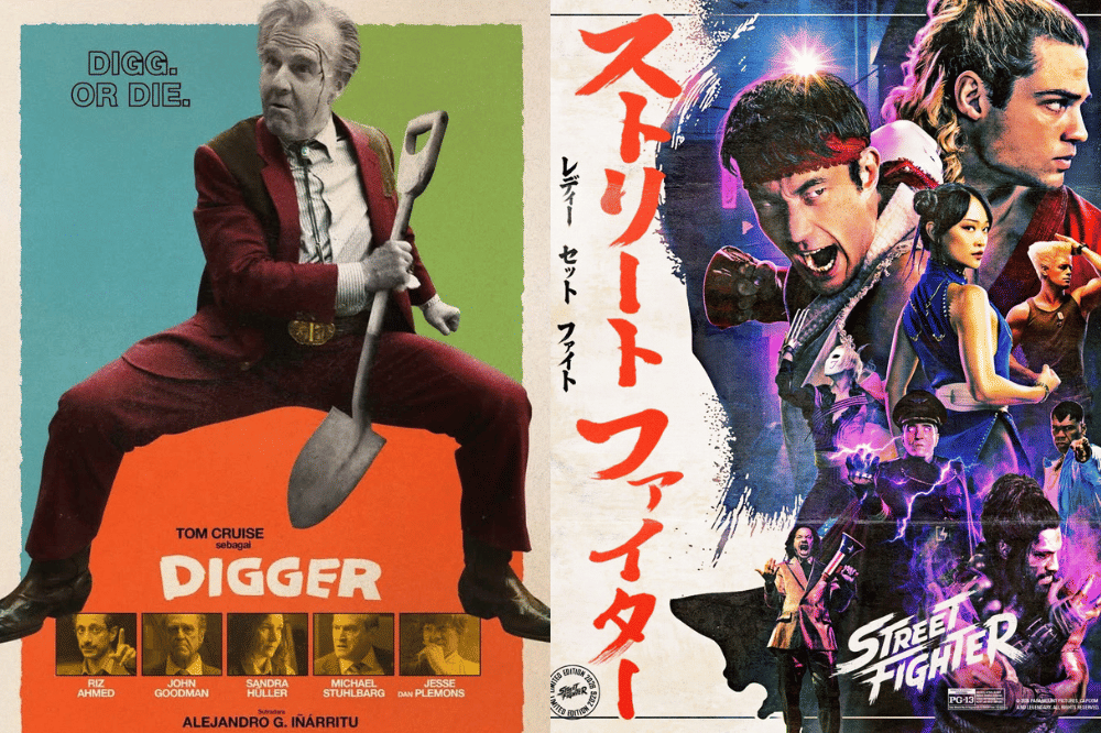 Kolase poster film Hollywood Digger dan Street Fighter yang dijadwalkan tayang di bioskop pada Oktober 2026.