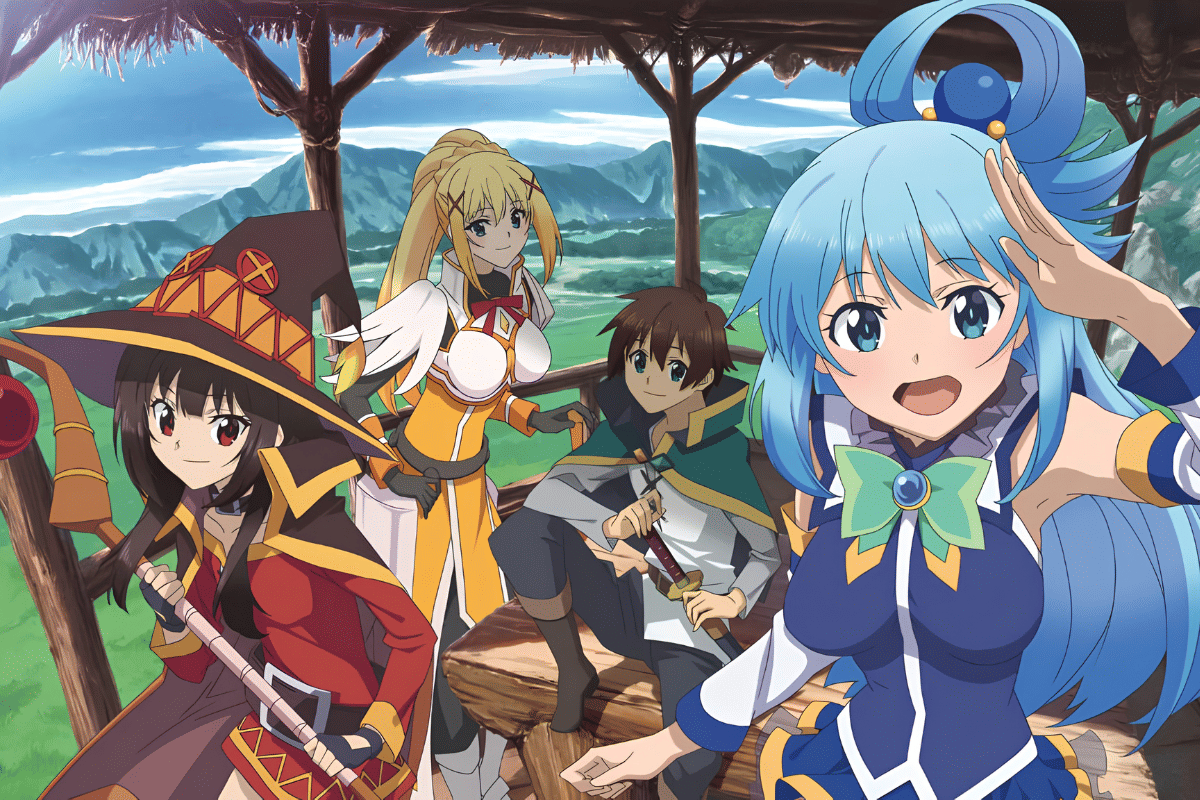 Kazuma Sato dan kawan-kawan dalam anime KonoSuba.