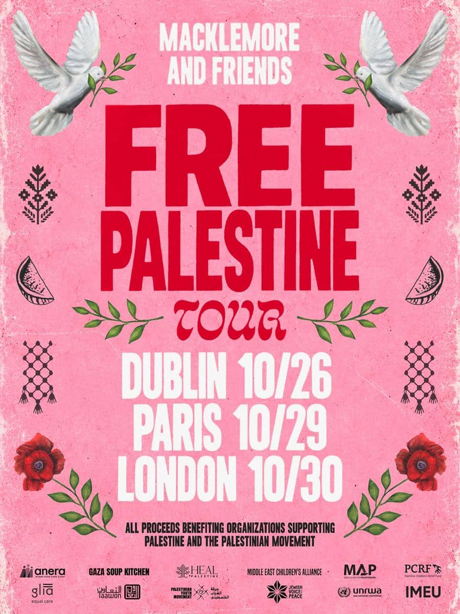 Unggahan Instagram Macklemore berisi pengumuman konser bertajuk Free Palestine Tour yang ia gelar.