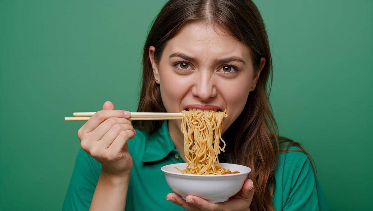 ilustrasi makan mi, sumpit, mukbang