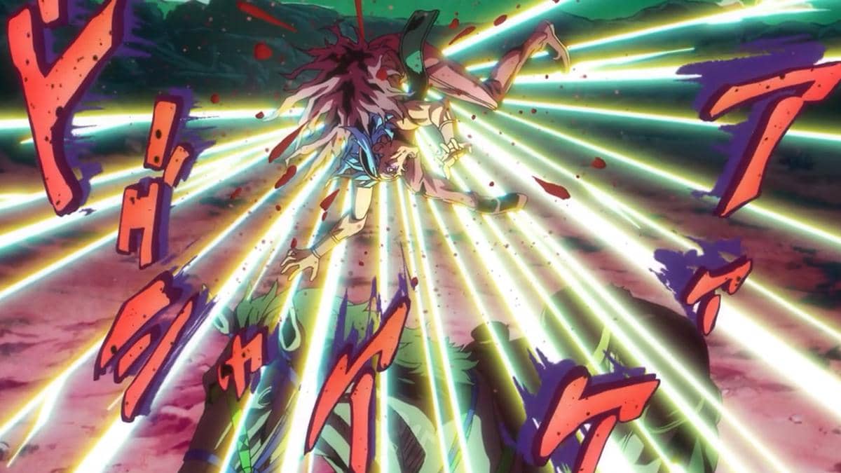 Robinson bereaksi kesakitan setelah terkena tembakan duri kaktus dalam adegan Steel Ball Run produksi Netflix.