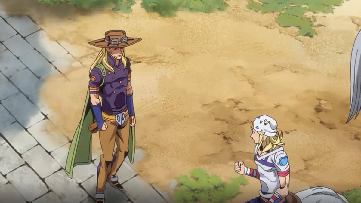 Gyro Zeppeli dan Johnny Joestar berdiri bersama sebagai tim dalam adegan anime Steel Ball Run dari Netflix.