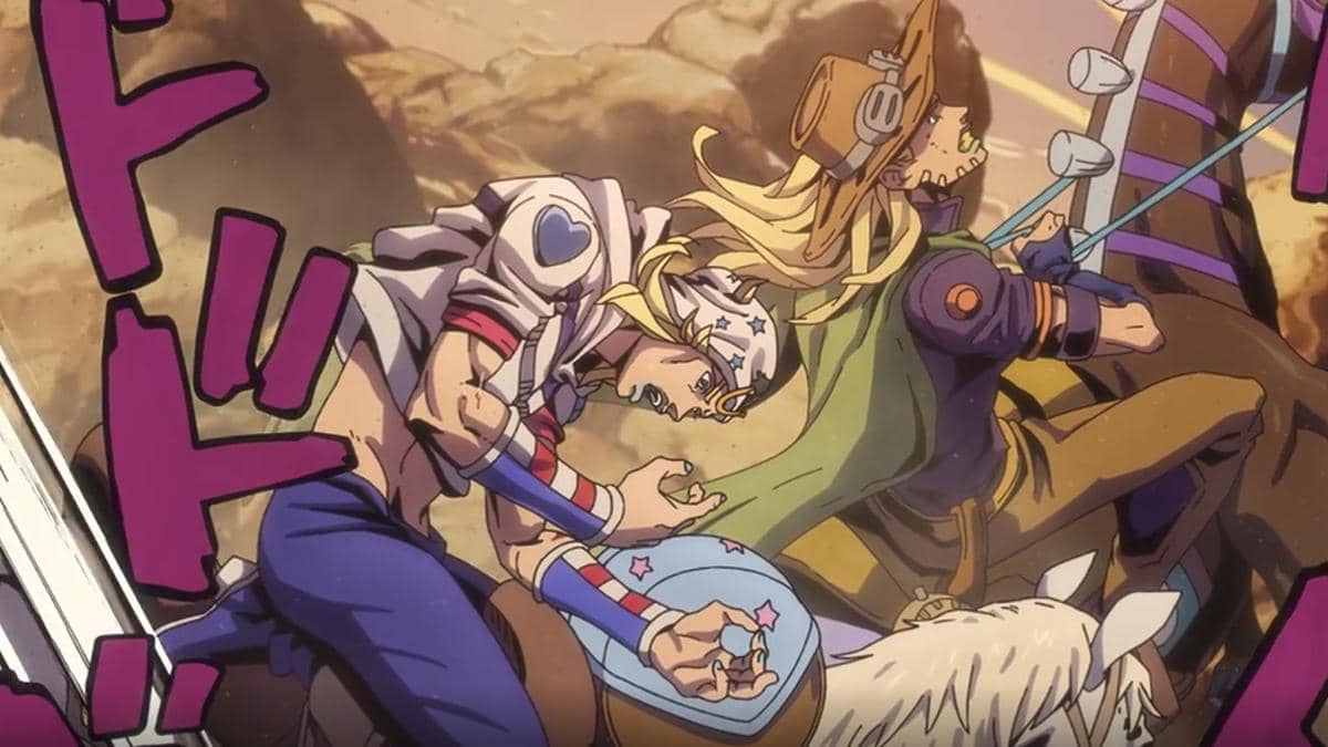 Gyro dan Johnny terkena tembakan duri kaktus dalam adegan Steel Ball Run yang didistribusikan Netflix.