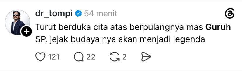 Unggahan Threads akun dr_tompi yang menyampaikan belasungkawa atas meninggalnya Guruh Soekarnoputra.