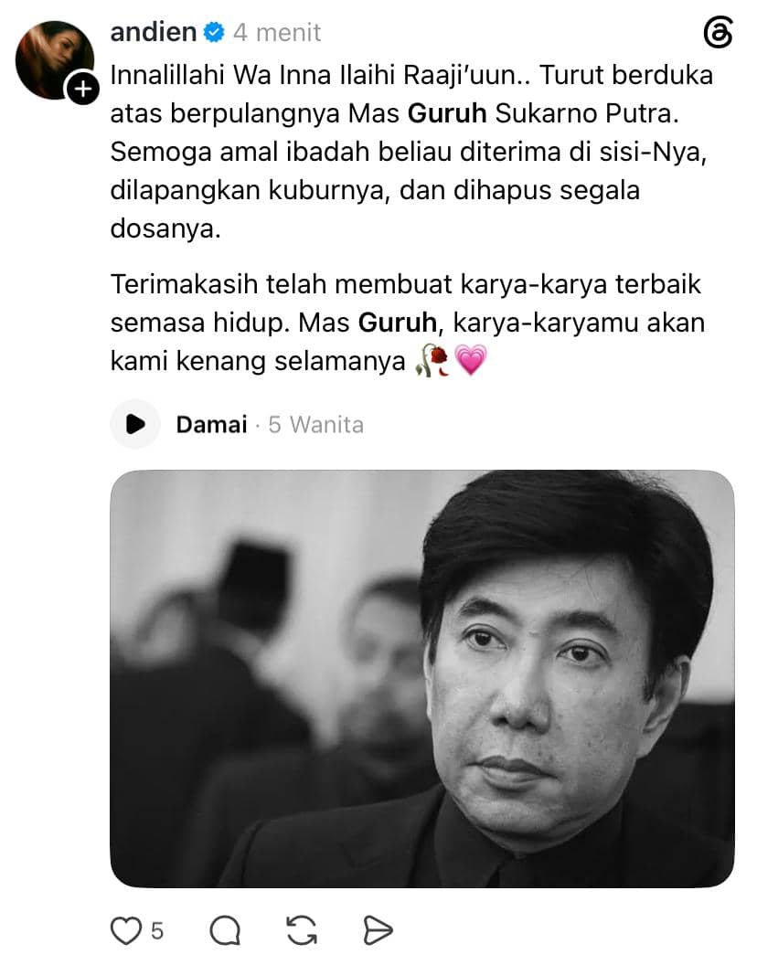 Unggahan Threads Andien berisi ucapan belasungkawa yang disampaikan atas meninggalnya Guruh Soekarnoputra.